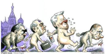 The Russian Evolution Caricature Leonid Brezhnev, Mikhail Gorbachev, Boris Yeltsin, Vladimir Putin